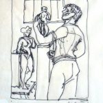 Eduard Spörri: (Bildhauer mit zwei Skulpturen), undatiert, Tusche auf Papier (Studie für Radierung), 18 x 13 cm, Inv. Nr. 0949