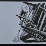Martin Spillmann: Bettina kontrolliert die Heldelberger Druckmaschine, 21.5 x 14cm, Fineliner auf Papier