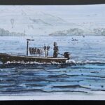Martin Spillmann: Emil Speck bringt den Morgenfang, 21.5 x 13.5cm, Fineliner und Aquarellstifte auf Papier